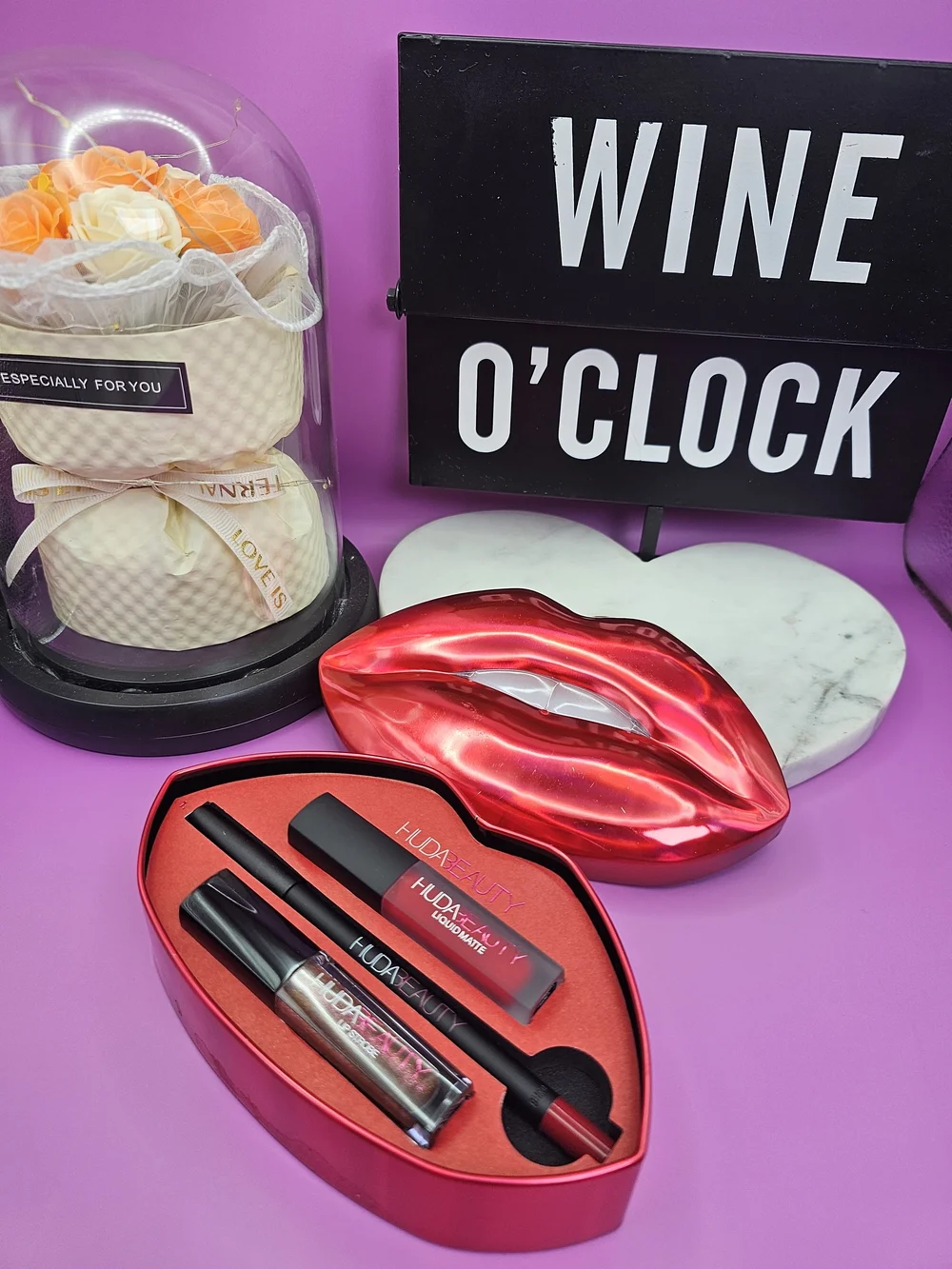 Huda Beauty Lip Kiss Set in Metallic Red — Lipstick, Lip Liner & Gloss